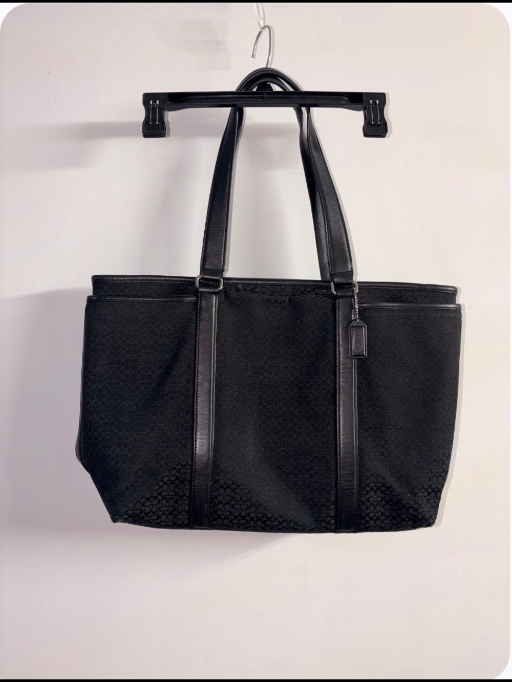 Coach F77014 Black Signature Jacquard Leather Trim Tote Shoulder Bag Purse